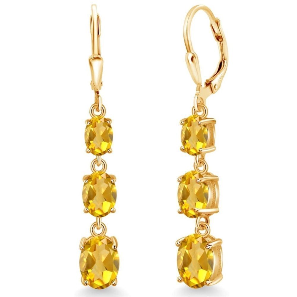 18K Yellow Gold with 4.95 Cttw 3 Stone Citrine Dangling Leverback Drop Earrings